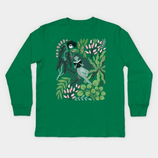 Reading girls among the plants with cats in the jungle Kids Long Sleeve T-Shirt